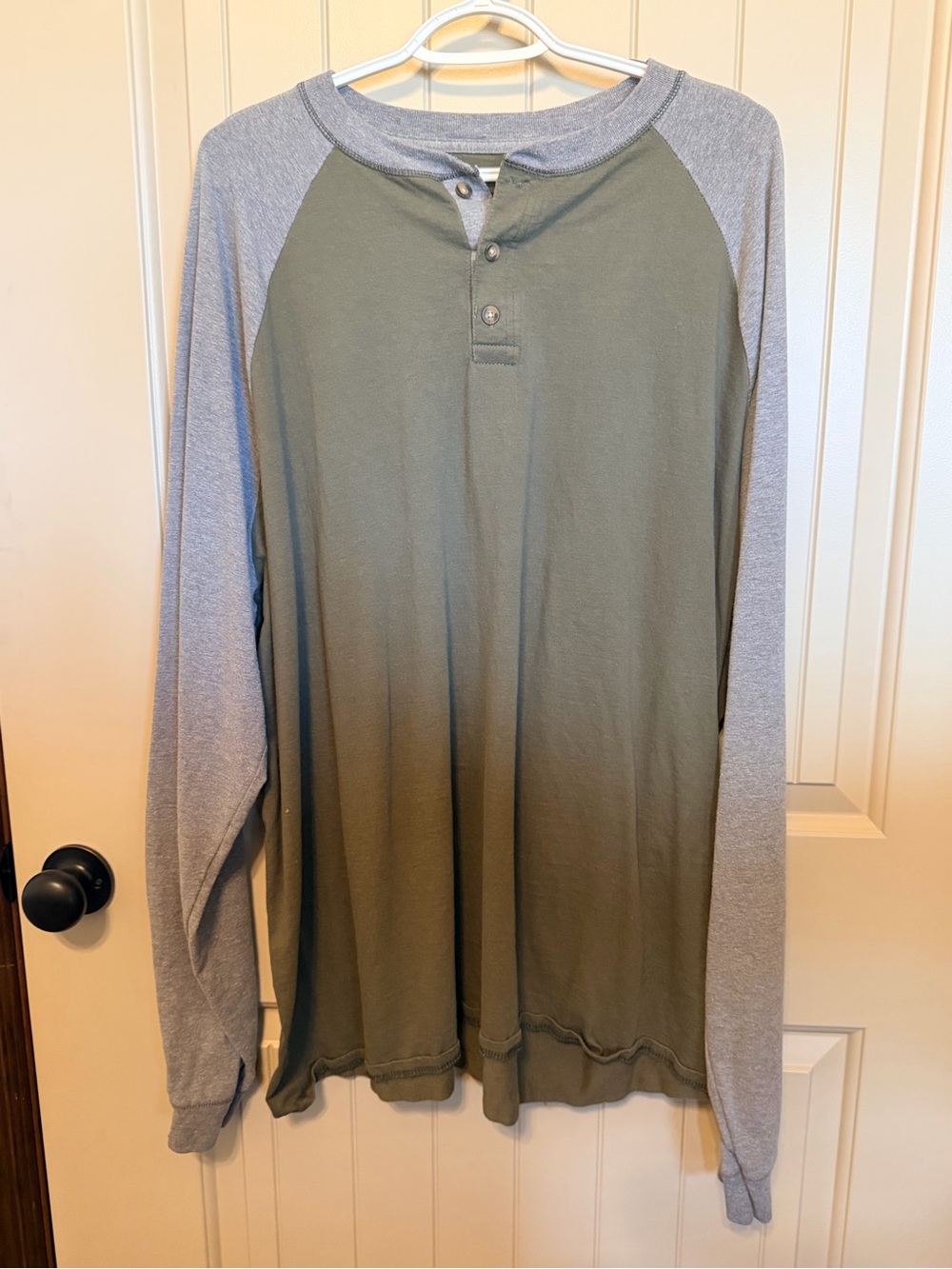 Hanes Olive Green Body with Gray Raglan Long-Sleeve Henley